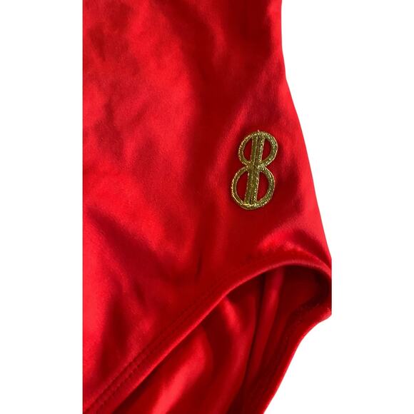Vintage Bill Blass One Piece Red Swimsuit Women 6 Tank Solid Gold Logo High Cut - Picture 2 of 14